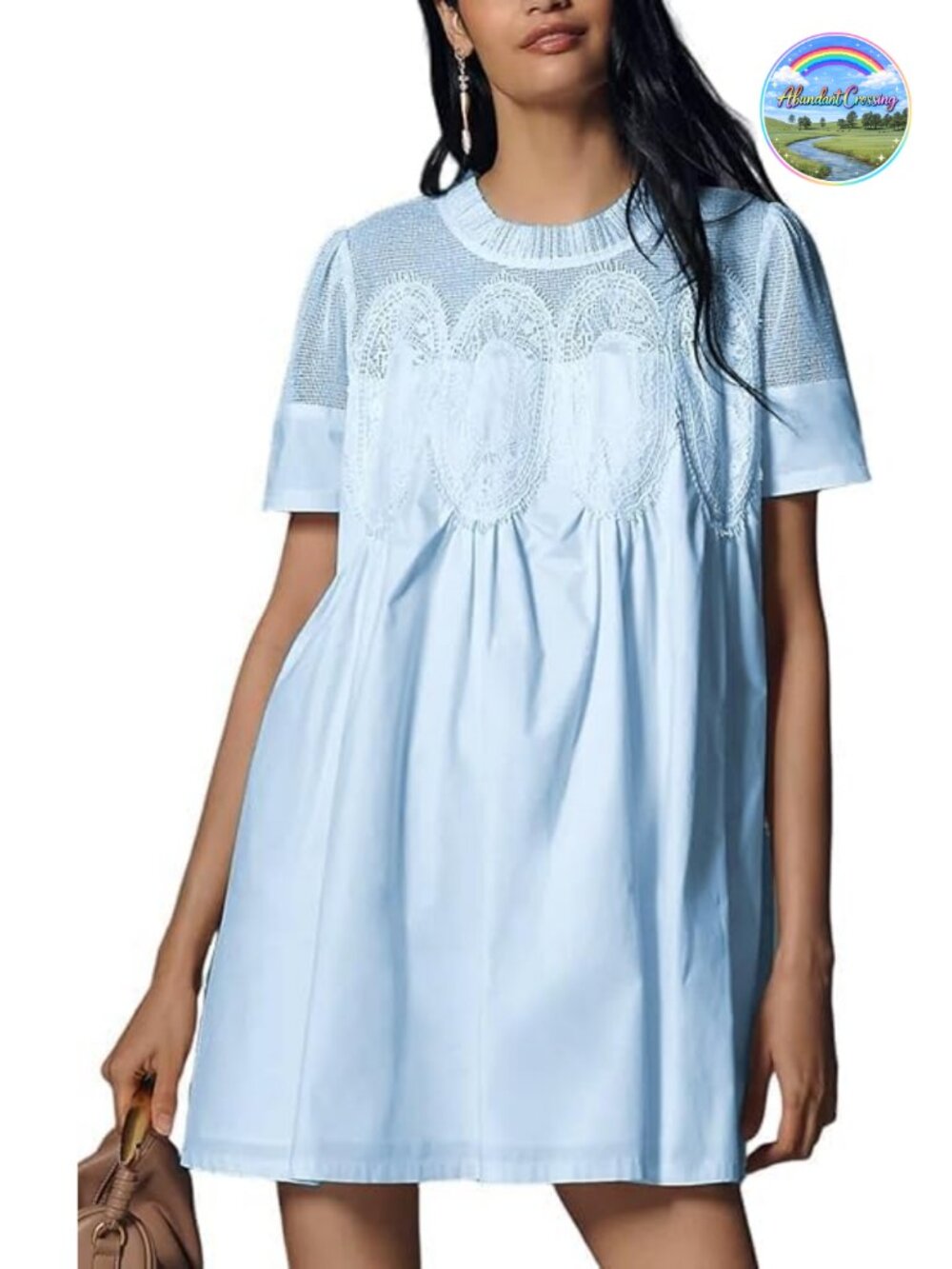 Crochet Lace Mini Dress Short Sleeve Sheer Mesh Casual Boho A-Line